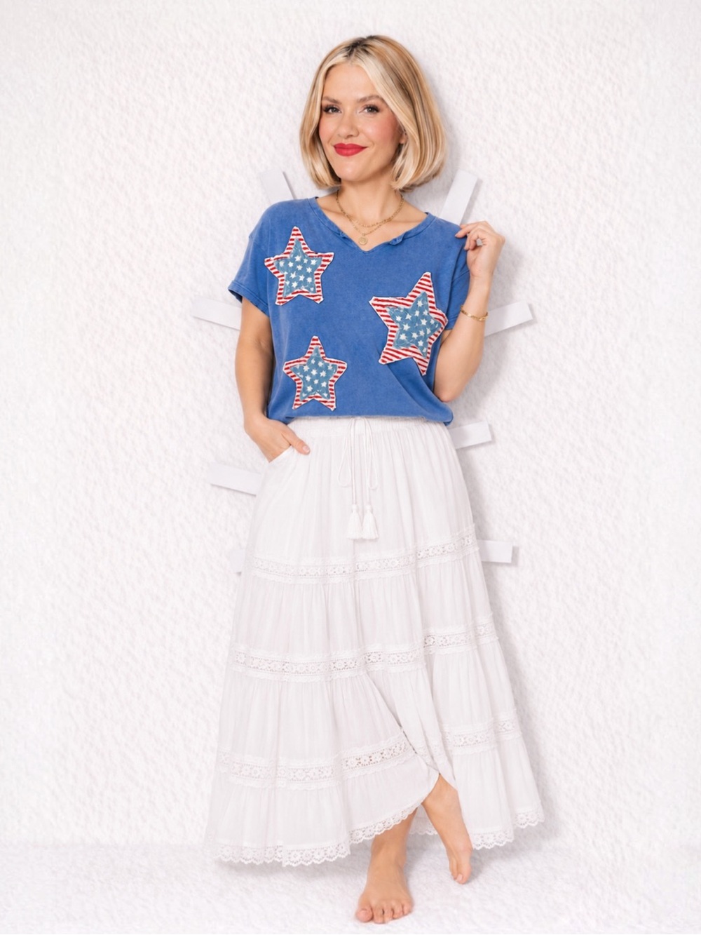 Boho ANNIEWEAR cottagecore patchwork stars Americana boxy tee shirt size L